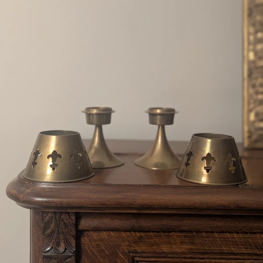 Brass Fleur-de-Lis Tea Light Lanterns - Made in India Patina